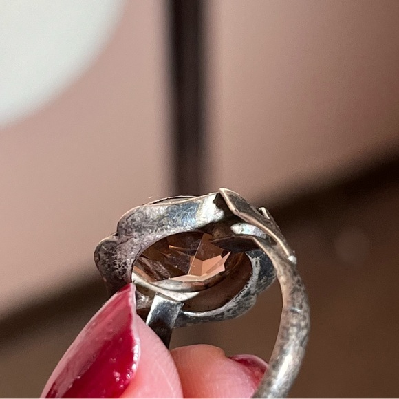 Antique Art Deco 1920’s Sterling Silver Amber Glass Victorian Signet Ring - Picture 6 of 17